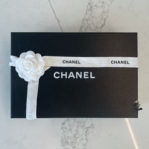 Authentic CHANEL Black Empty Shoe Box with White Flower Ribbon Bow